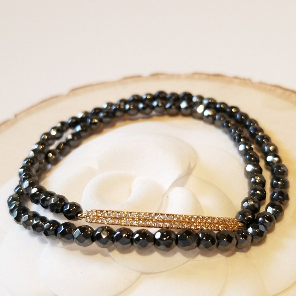 NEW Pave CZ Gold Bar Hematite Bracelet Choker